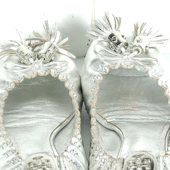 TORY BURCH Women's Reese US 6,5M Silver Leather Tassels Logo SlipOn Ballet Flats - Picture 16 of 16